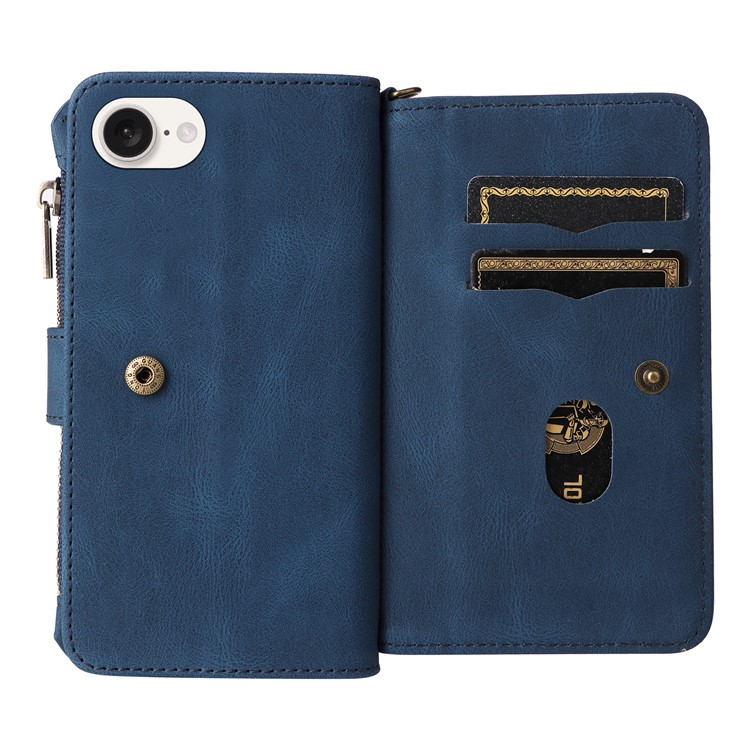iPhone 16e Leder Tasche Flip Cover Kartenfächer mit Druckknopfverschluss   Handschlaufe - Blau