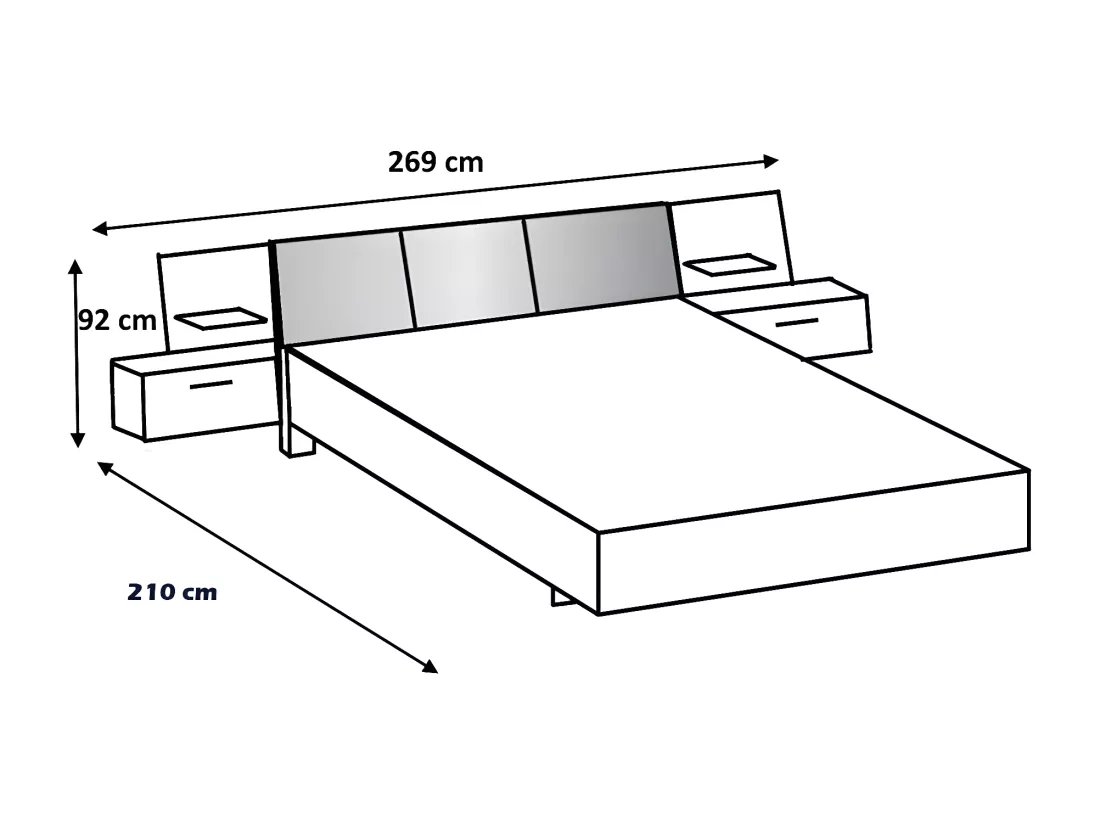 Chambre à coucher complète adulte (lit 160x200 cm + 2 chevets + 1 tiroir + armoire + commode)