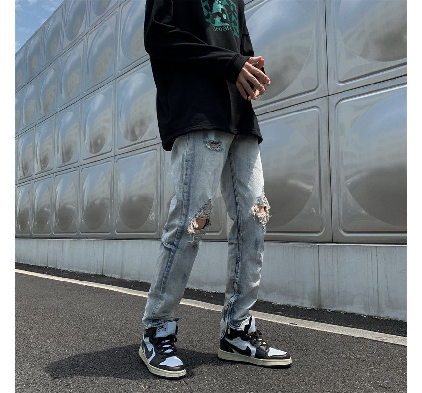 Acrius - Mid Rise Washed Distressed Straight Leg Jeans
