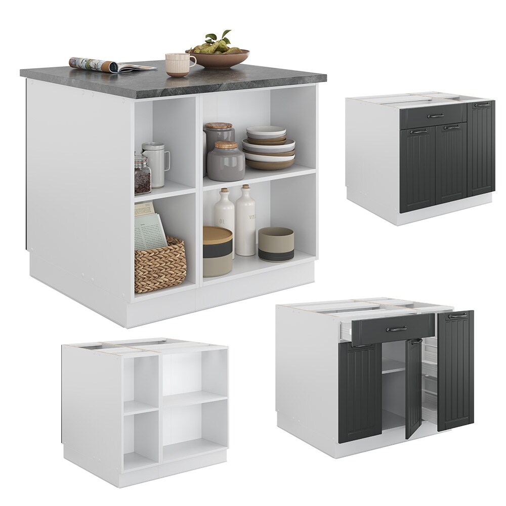Vicco Kücheninsel Küchenblock Einbauküche Fame-Line Landhaus Weiß Dunkelgrau 90 cm Küchen Schränke Apothekerunterschrank Schubunterschrank Regalinselunterschrank Softclose-Scharnier Küchenmöbel