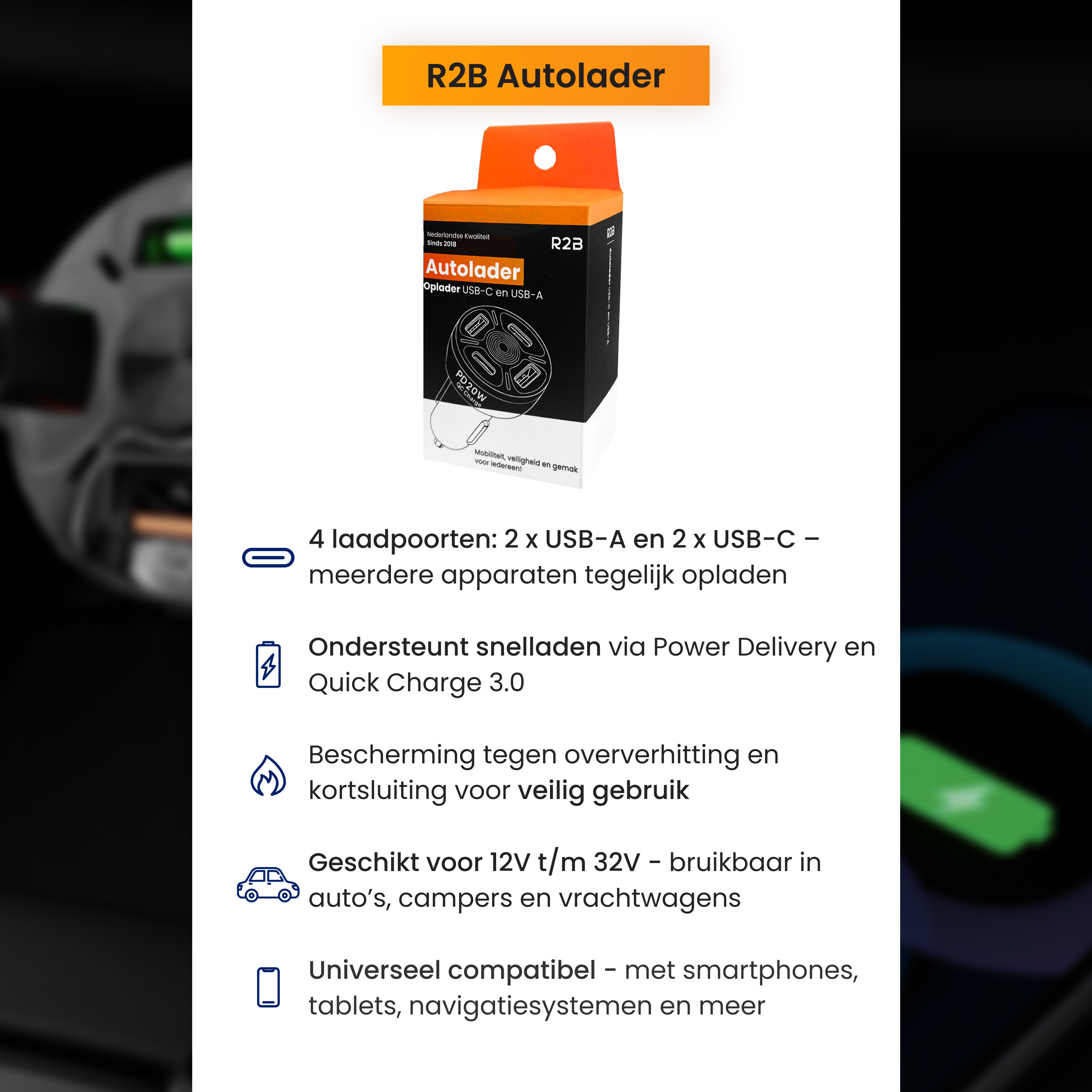 R2B 20W USB-C & USB-A autolader - Black