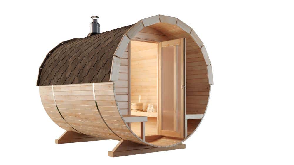FinnTherm Carrie barrelsauna met 2 houten banken, wanddikte 42 mm, buitensauna met montagemateriaal, natuurlijke afwerking