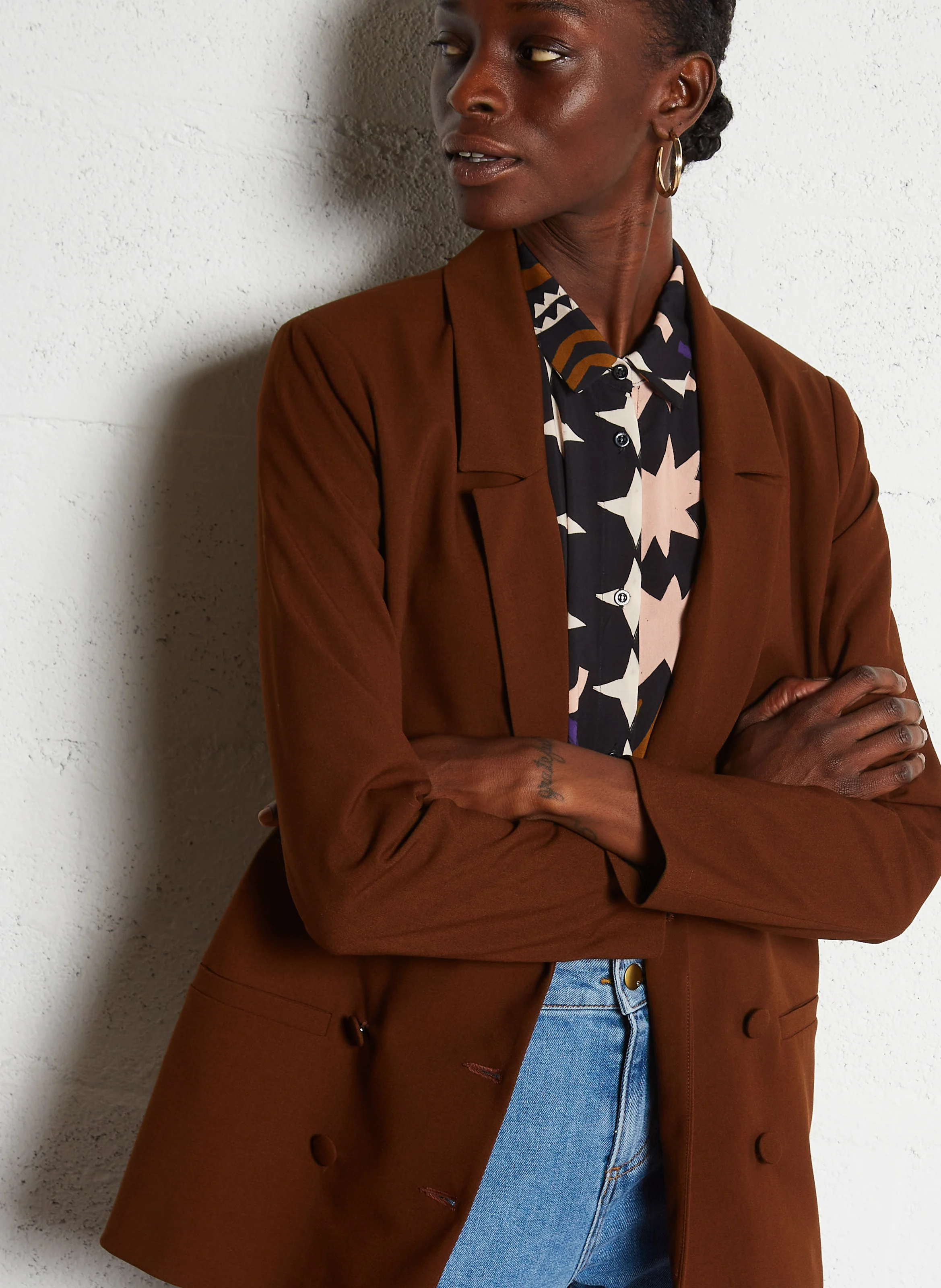 Blazer droit à double boutonnage| Marron