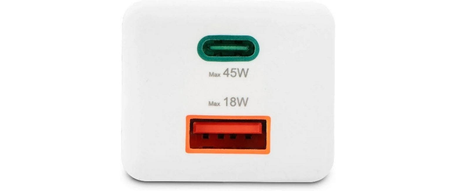 USB-Wandladegerät Gan charger USB-A USB-C 45 W WeissSchnellladegerät mit 1x USB-C und 1x USB-A