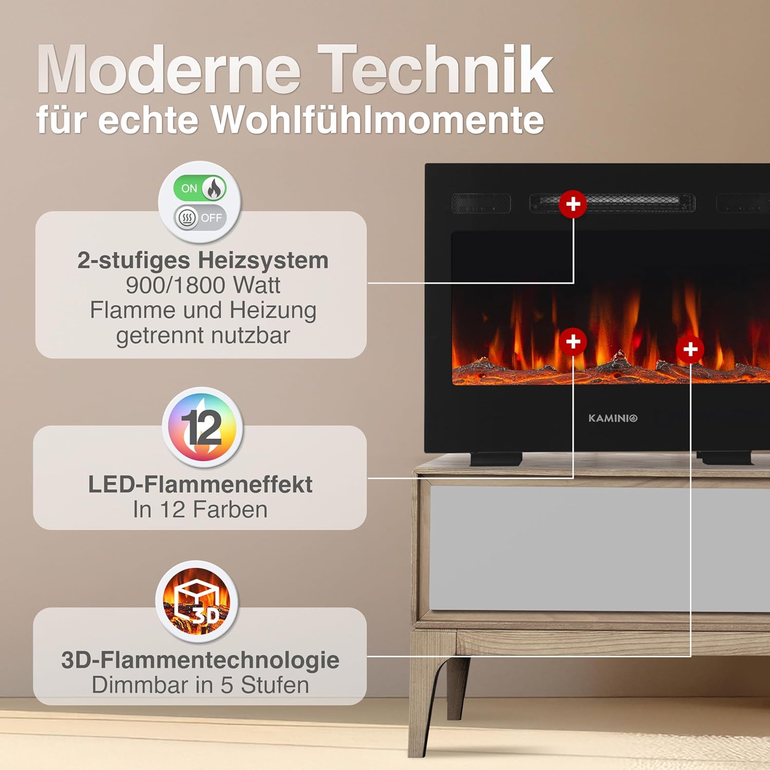 Elektrokamin Marlon - Elektrischer 3-in-1 Kamin mit Heizung, 3D-Flammeneffekt, 12 Flammenfarben, Fernbedienung (24 Zoll)