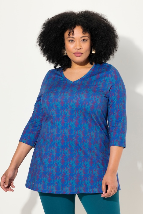Longshirt, Batikmuster, A-Linie, V-Ausschnitt, 3/4-Arm
