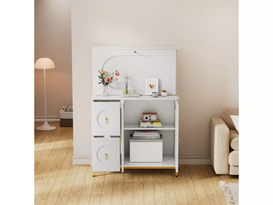 Buffet avec 3 portes et 2 tiroirs, Bureau - 100 x 51 x 150 cm - Bois MDF - Blanc