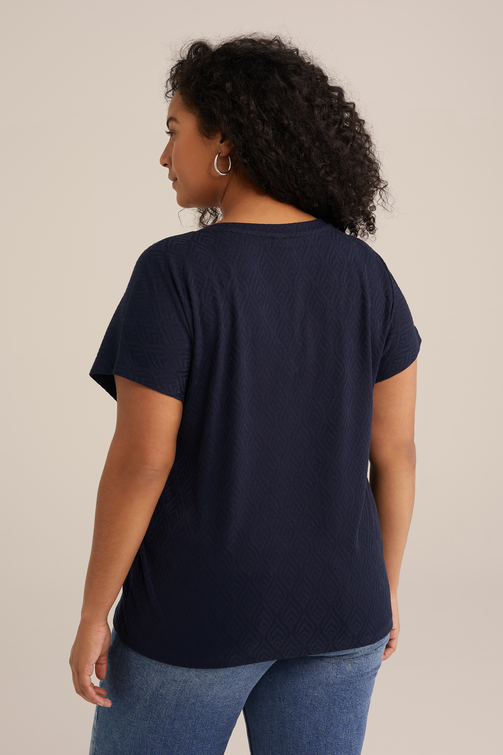 T-shirt met jacquard-dessin - Curve WE Fashion Donkerblauw