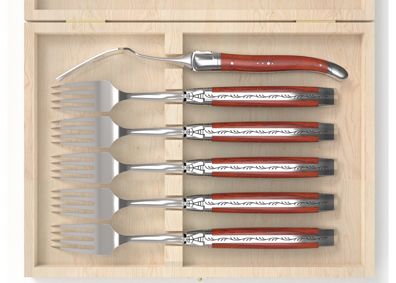 Service de 6 fourchettes Laguiole avec un manche en bois de corail et mitres en acier inoxydable