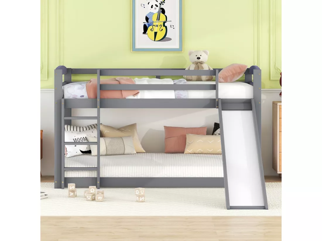 Lit superposé 90 x 200 cm - Avec toboggan et escalier - Pin - Charge max 120 kg - Gris