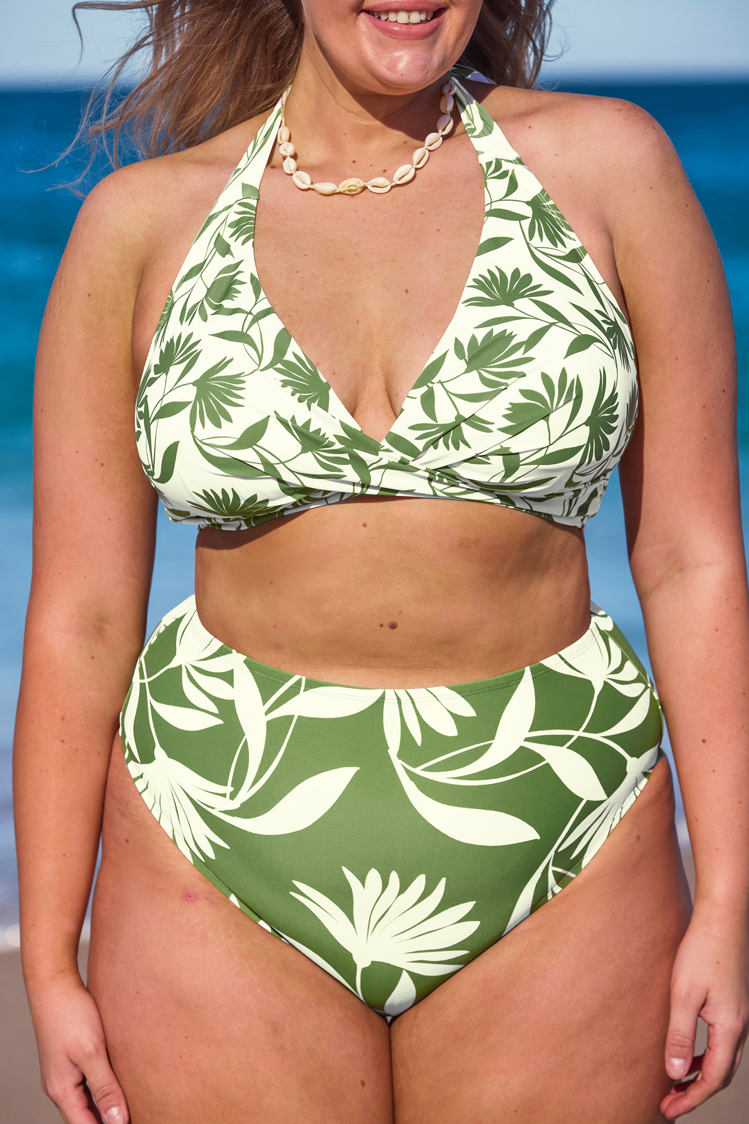 Bikini taille haute à col licou torsadé vert