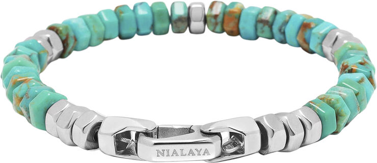 Nialaya Men's Hexagon Beaded Bracelet with Turquoise and Silver Turquoise