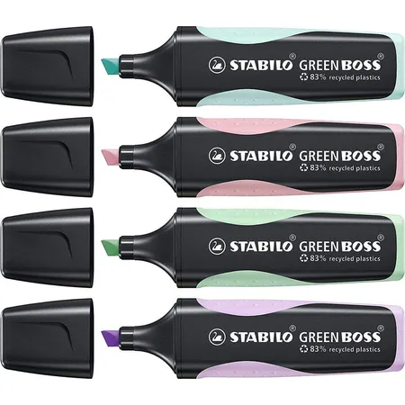 Umweltfreundlicher Textmarker - STABILO GREEN BOSS Pastel - 4er Pack - Hauch von Minzgrün, rosiges Rouge, zartes Türkis und Schimmer von Lila