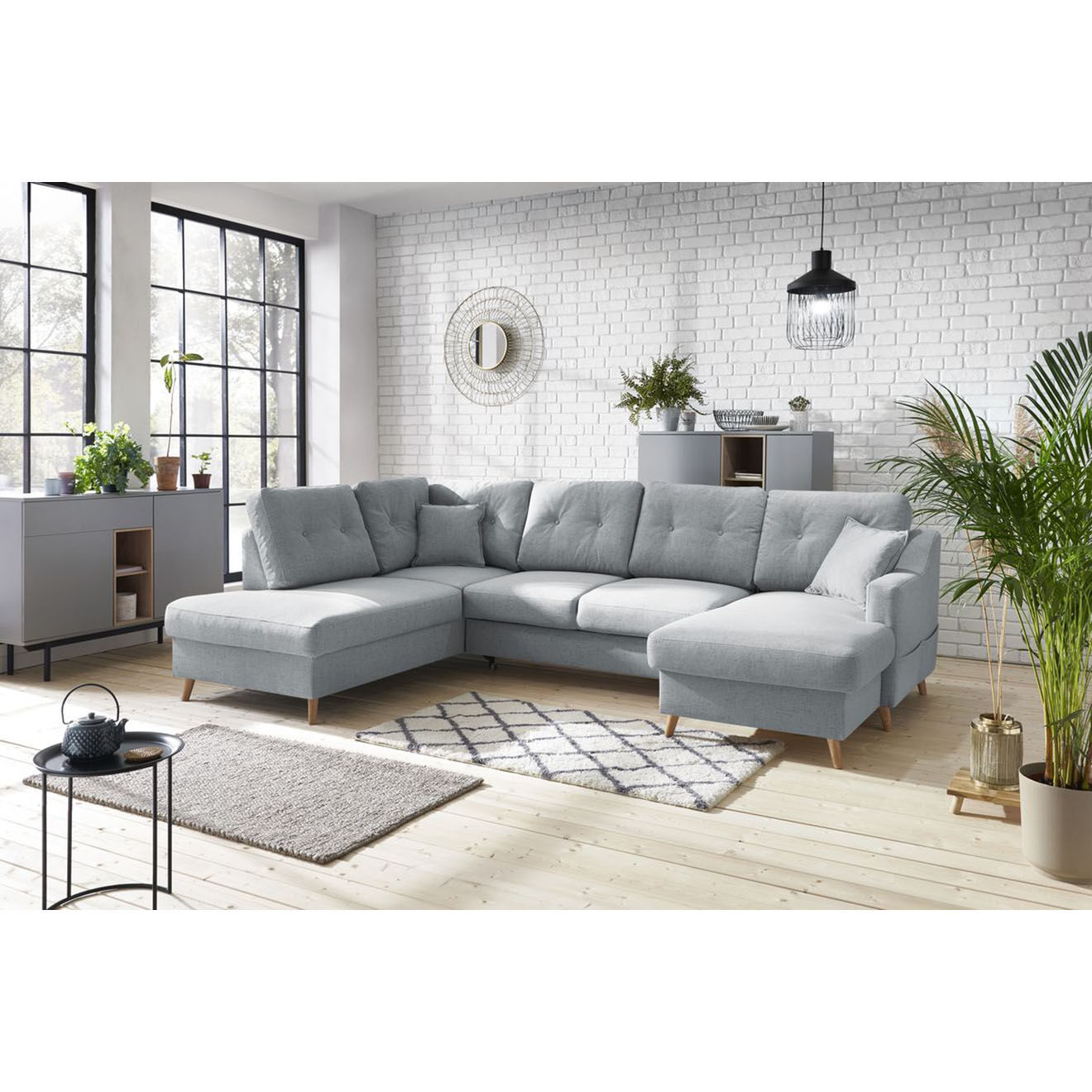 Bobochic Canapé d'angle panoramique convertible droit Sweden gris clair - 300x149/90/198x95 cm