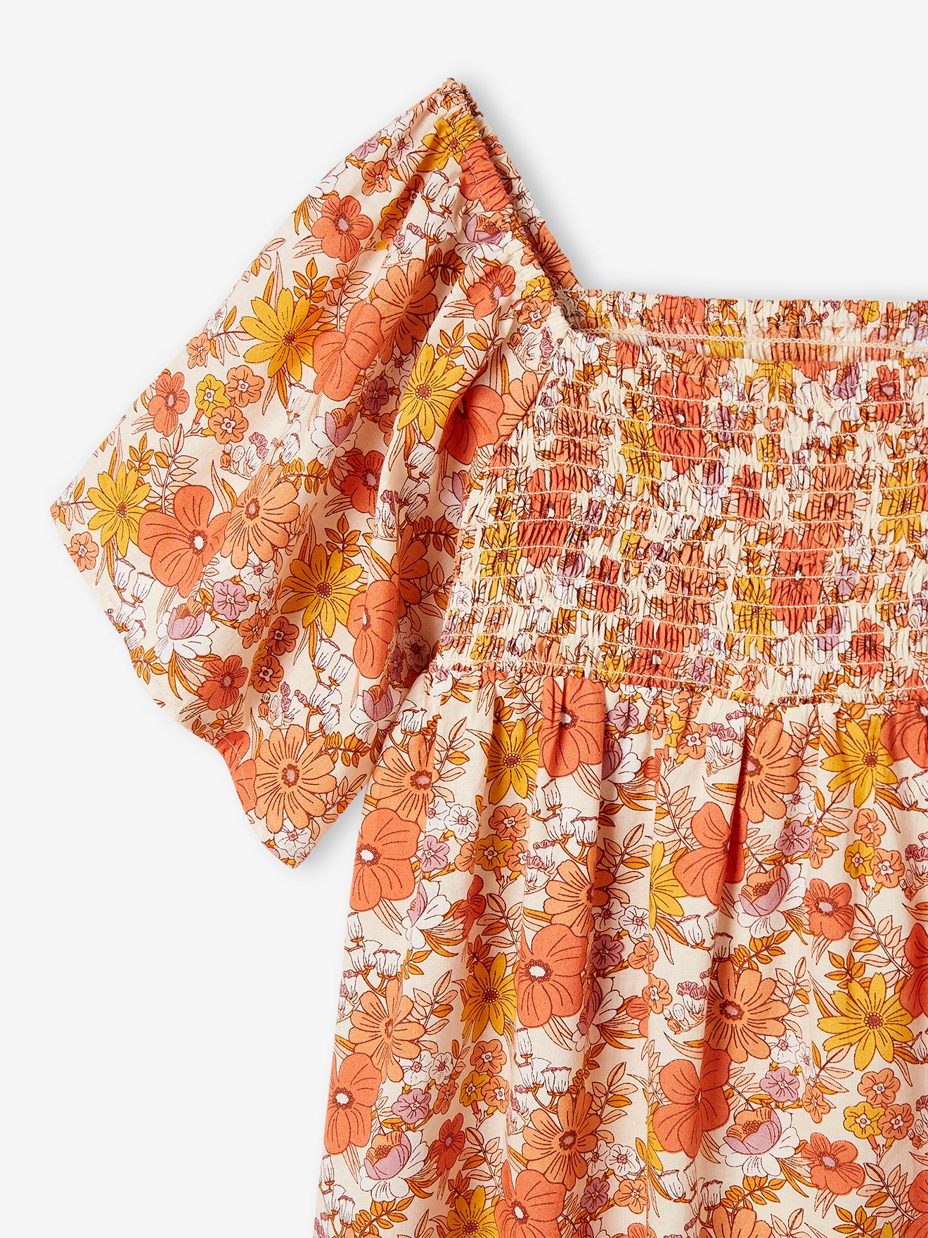 Vestido nude com estampa floral e detalhes franzidos para meninas
