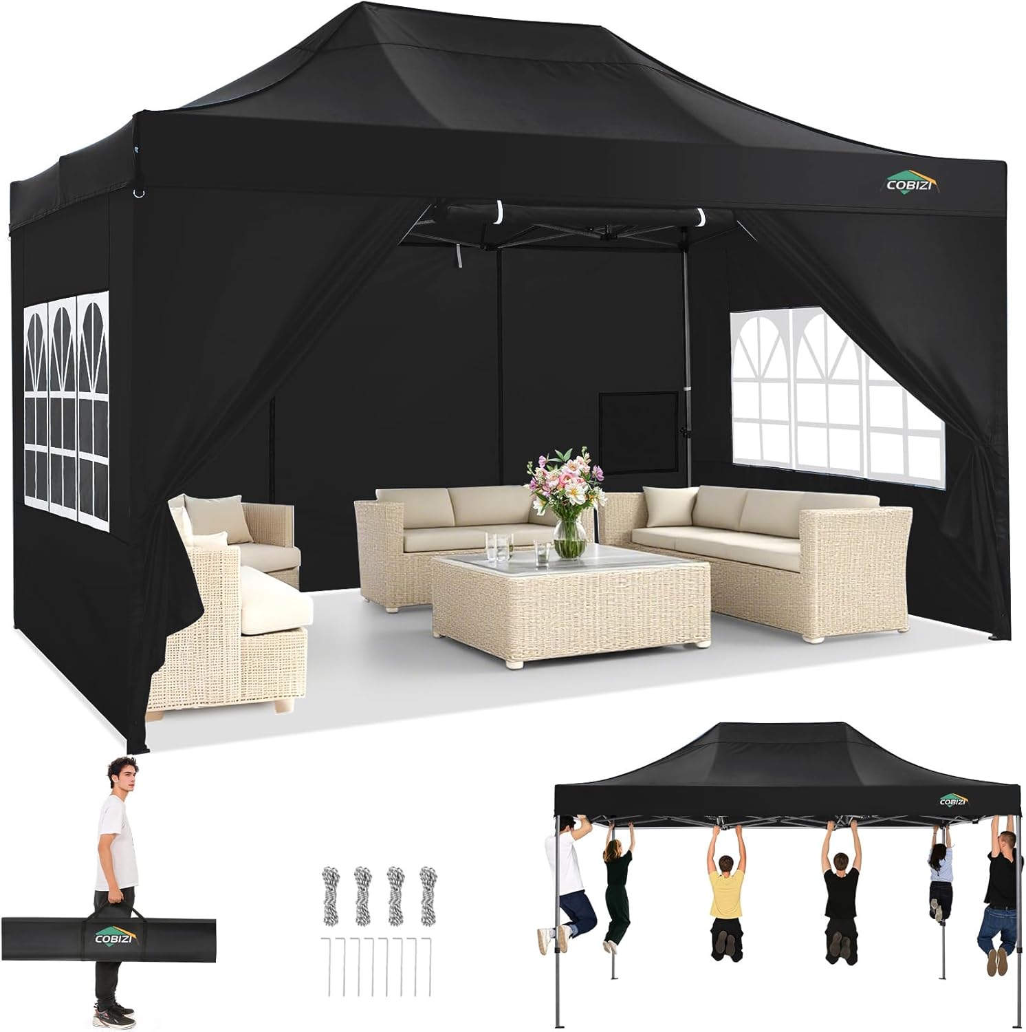 COBIZI Faltpavillon Pavillon 3x4.5 Wasserdicht Stabil, Outdoor Faltbar Garten Pavillon UV Schutz 50+, Partyzelt mit 4 Seitenteilen, Schwarz