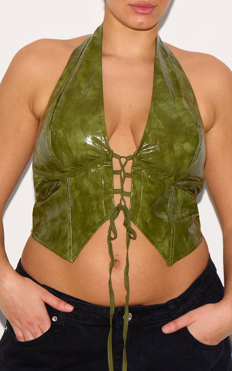 Washed Olive Haut Grande Taille Col Licou Plongeant En Synthétiquecuir Effet Délavé Avec Laçage