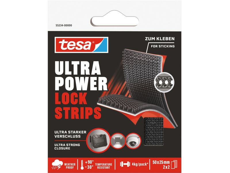 tesa Ultra Power Lock Strips 2 Paar 2 kg, 50 x 25 mm Selbstklebende Klettband-Streifen mit extrem starkem Klettverschluss – wetterfest