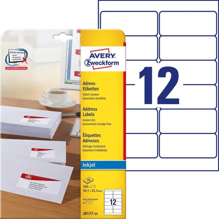 Avery Zweckform J8177-25 Adress-Etiketten,A4 99,1 x 42,3 mm, 25 Bogen/300 Etiketten, weiß