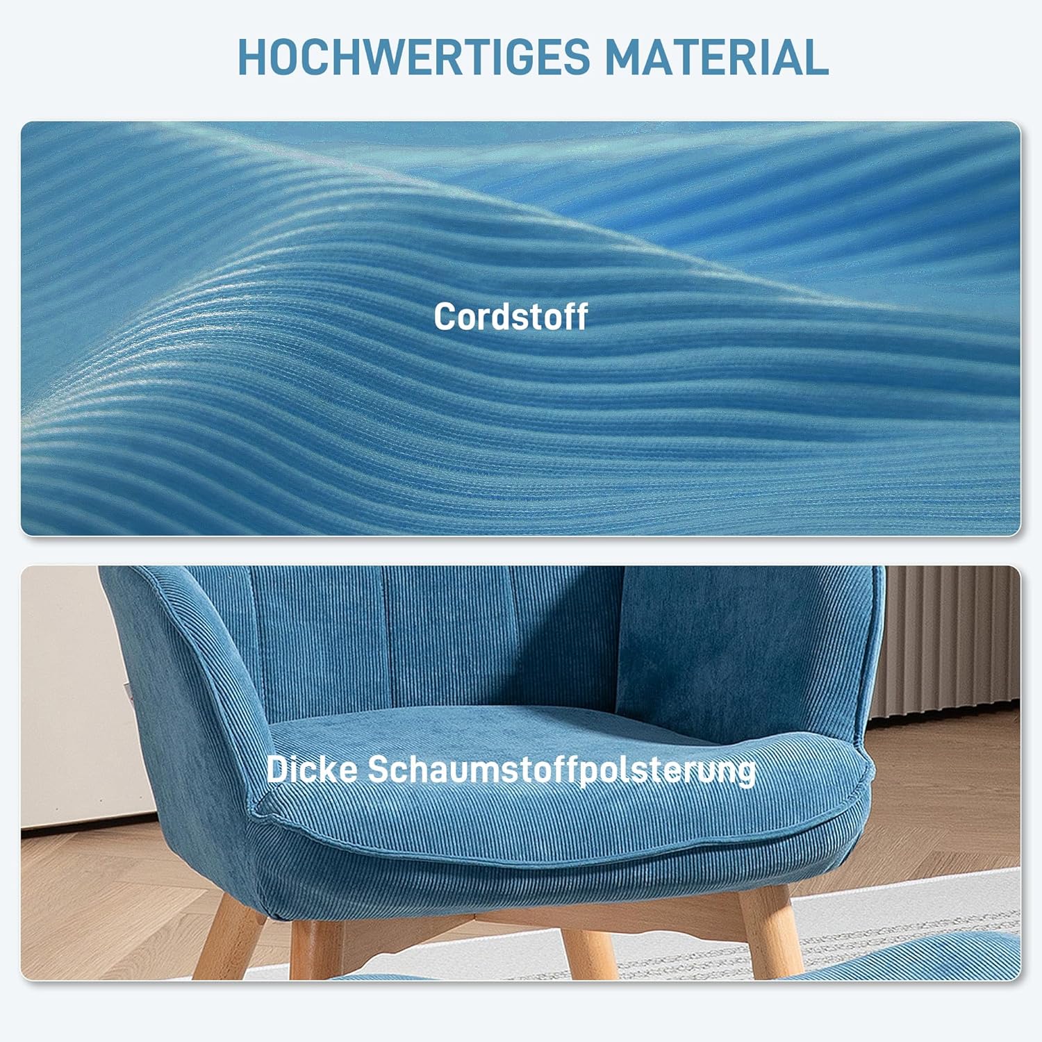 HOMCOM Ohrensessel mit Hocker Sessel Loungesessel mit Cord-Optik, Modern Relaxsessel, Armlehnensessel Lesesessel für Wohnzimmer, Schlafzimmer, Blau