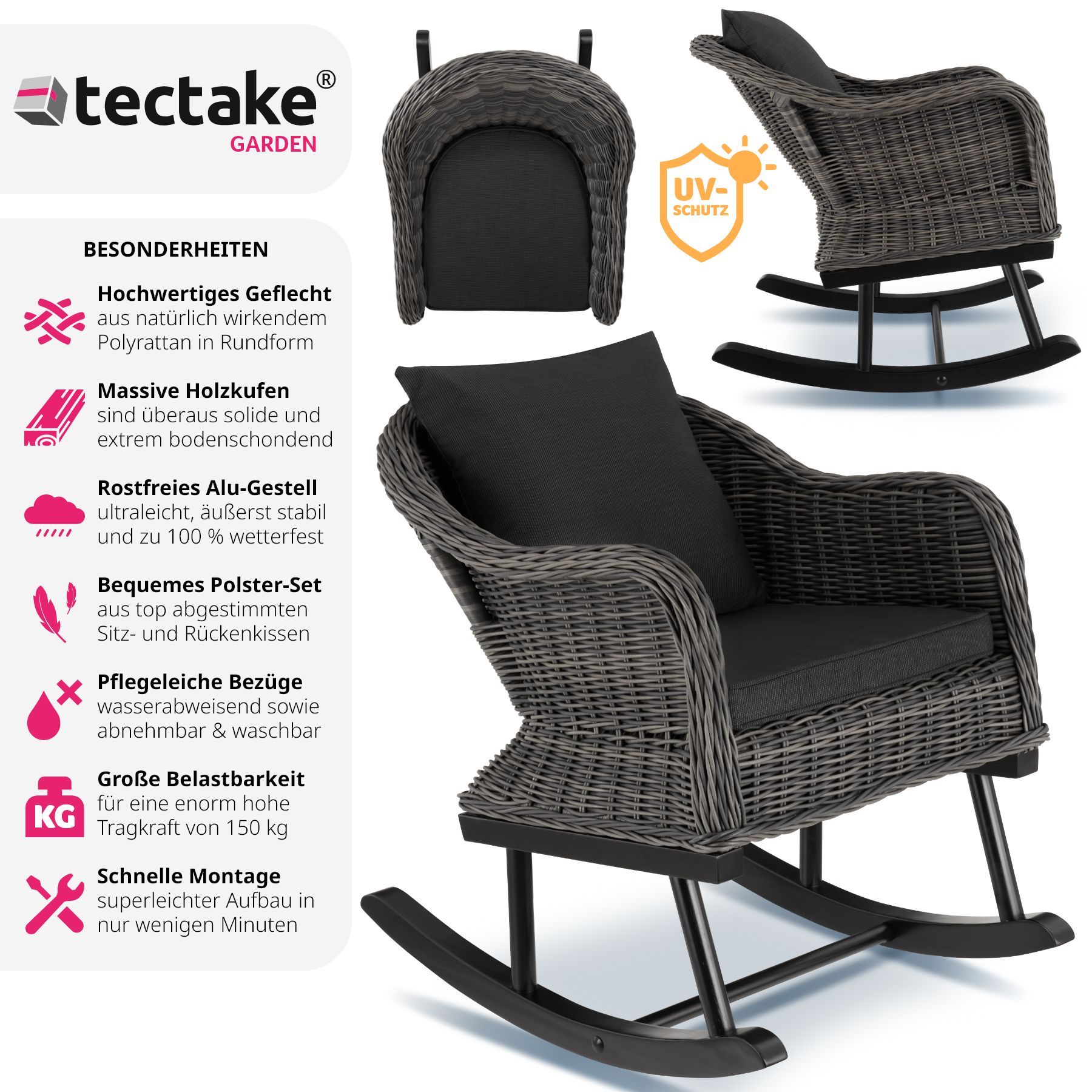 tectake® Rattan Schaukelstuhl, natürlich nachempfundenes Geflecht mit Aluminiumgestell, 150 kg, 57,5 x 85 x 73 cm