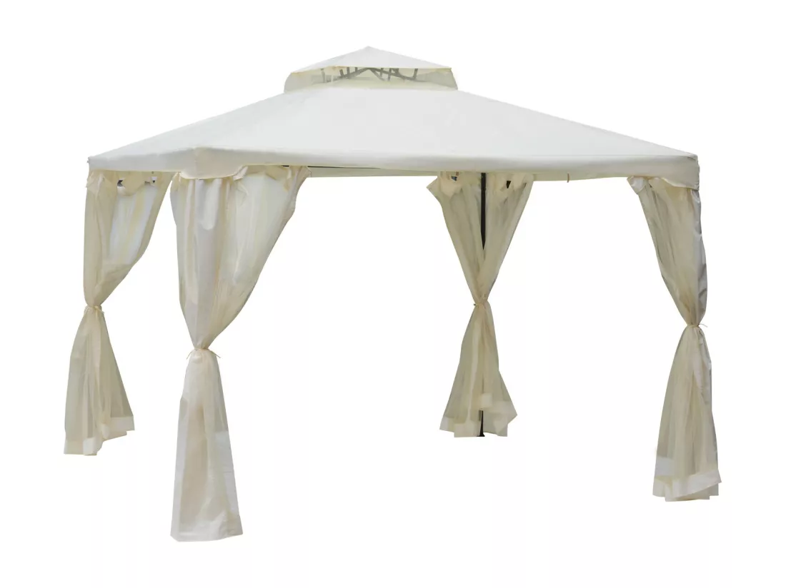 Pavillon de jardin tonnelle barnum style colonial double toit toiles moustiquaires amovibles zippées crème