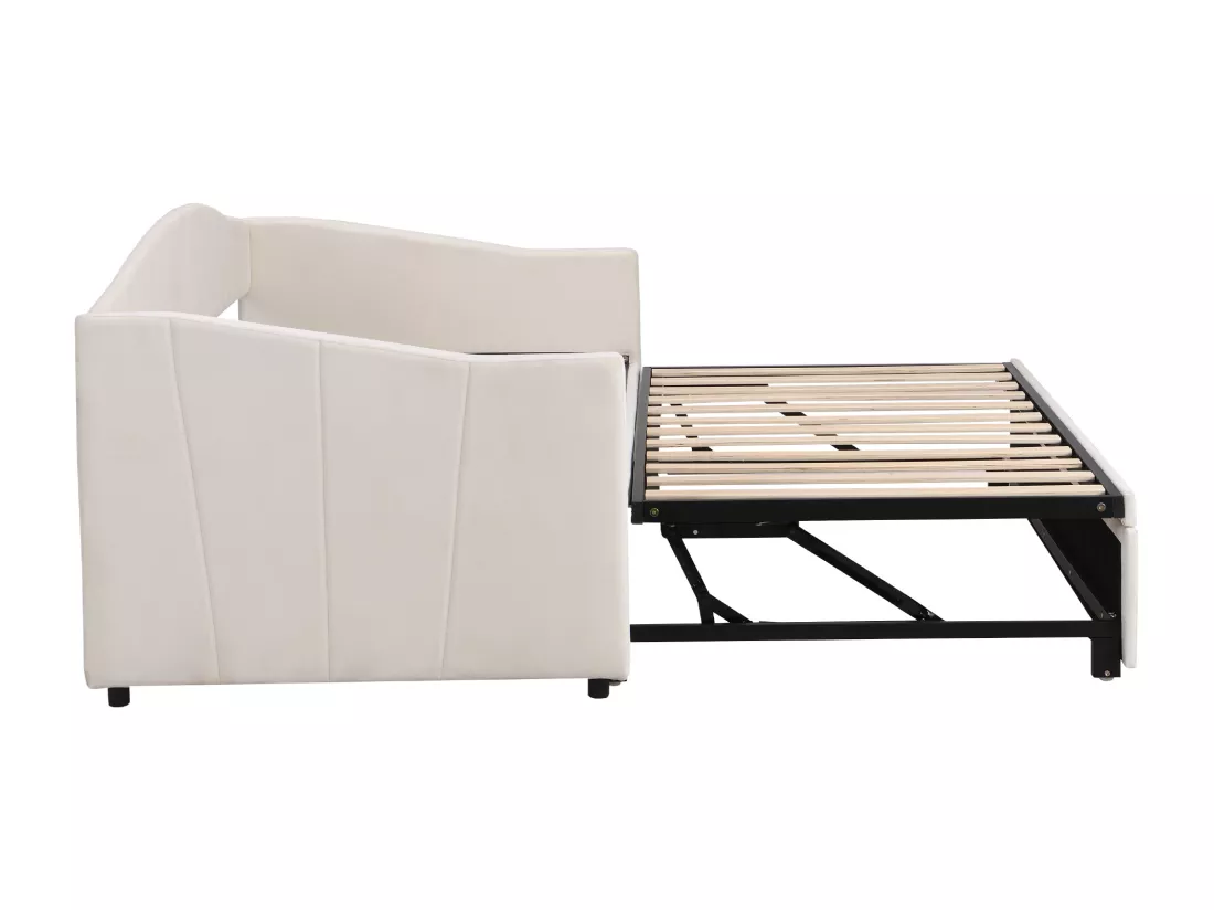 Lit gigogne en velours 180x200 cm - sommier à lattes - Beige
