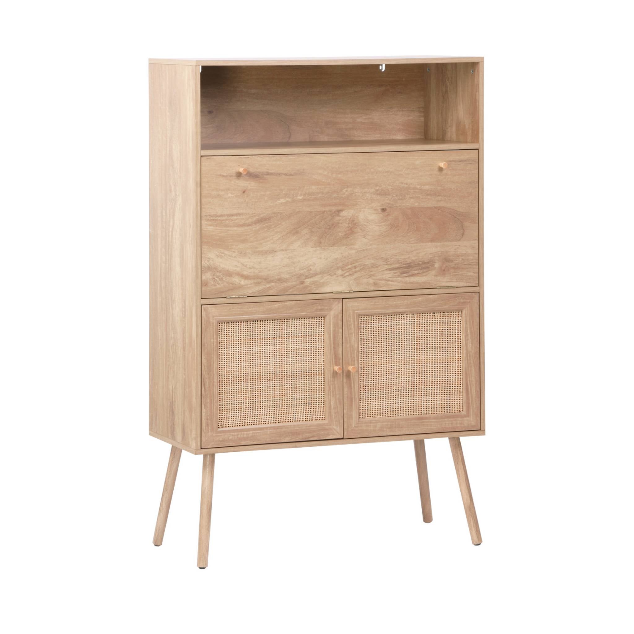 sweeek - 2-deurs schrijftafel met legplanken, hout- en rotan effect