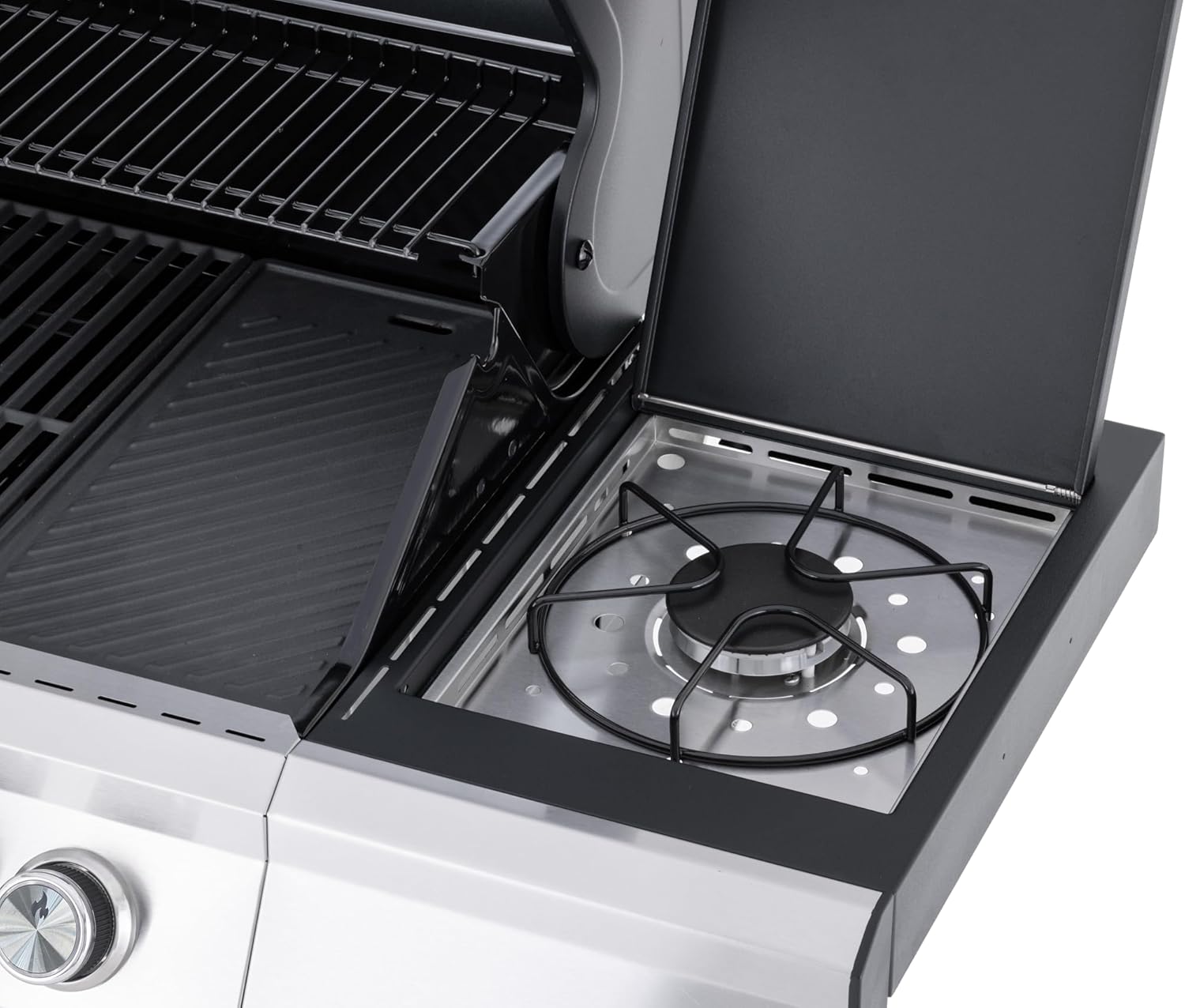 Tarrington House BBQ Gas-Grill PAXTON, 4-Brenner-Gasgrill mit Seitenbrenner, schwarz, Warmhaltegitter, 11kg Gasflasche für Outdoor, Balkon, Camping