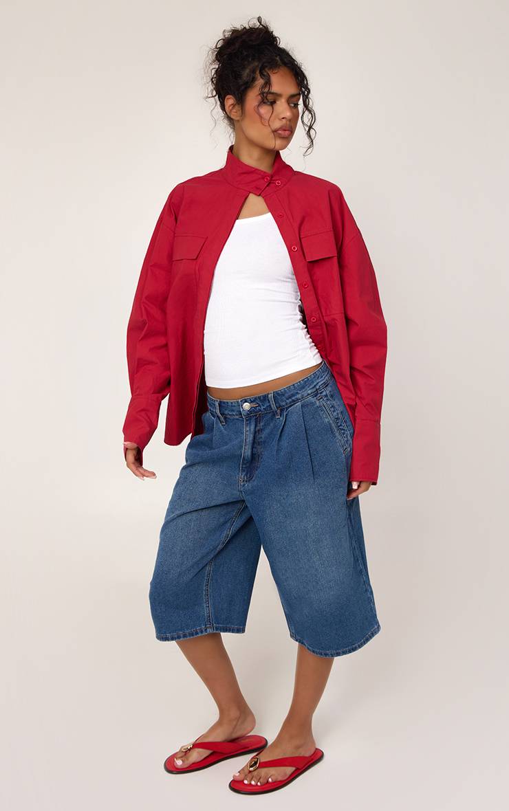 Mid Blue Wash Short En Jean Avec Détail Plissé
