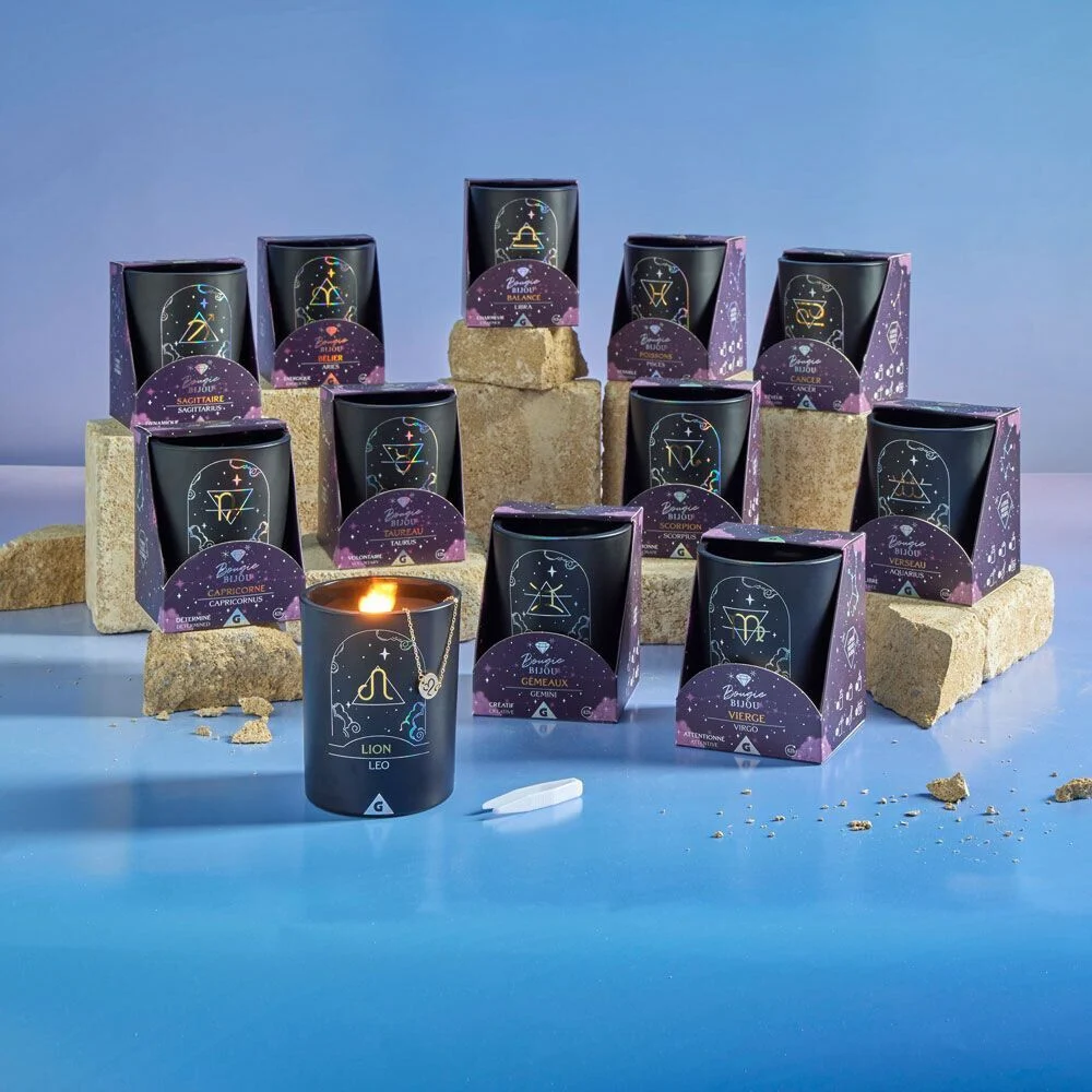 Bougie bijou doré signe astro Verseau senteur fleur de coton 36H