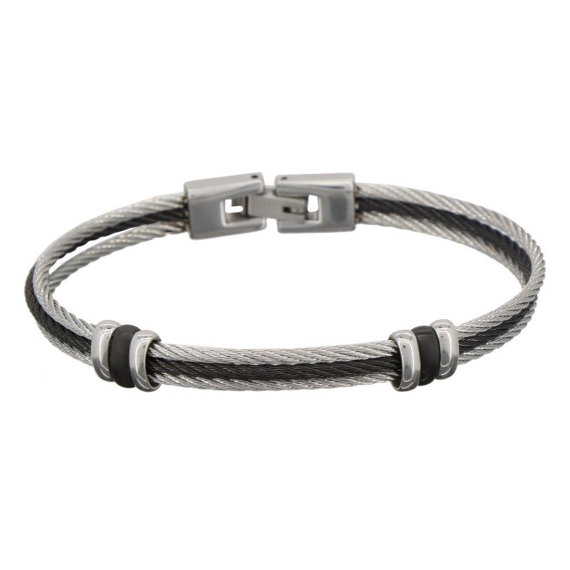 Bracelet Homme triple cable acier Bicolore Noir et Gris 