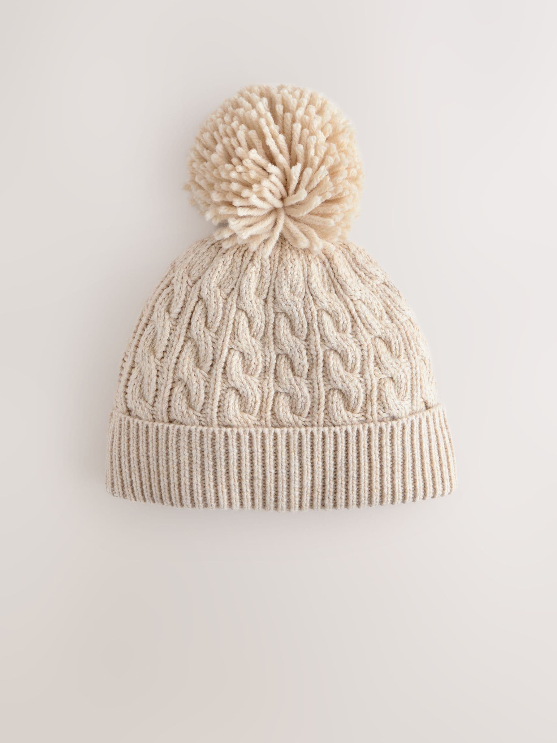 Crème - Gebreide kabel Beanie-muts met pompom