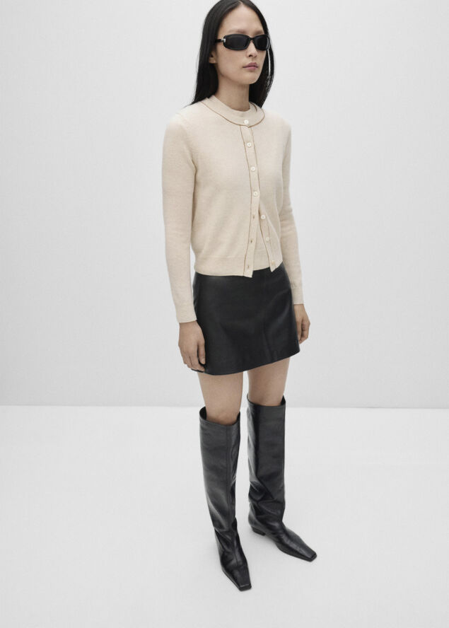 MANGO Cardigan 100% wool decorative stitc Light beige