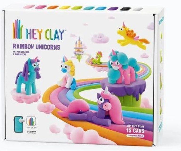 Hey Clay - Rainbow Unicorn Set - 15 Blikken Klei - Inclusief Boetseergereedschappen