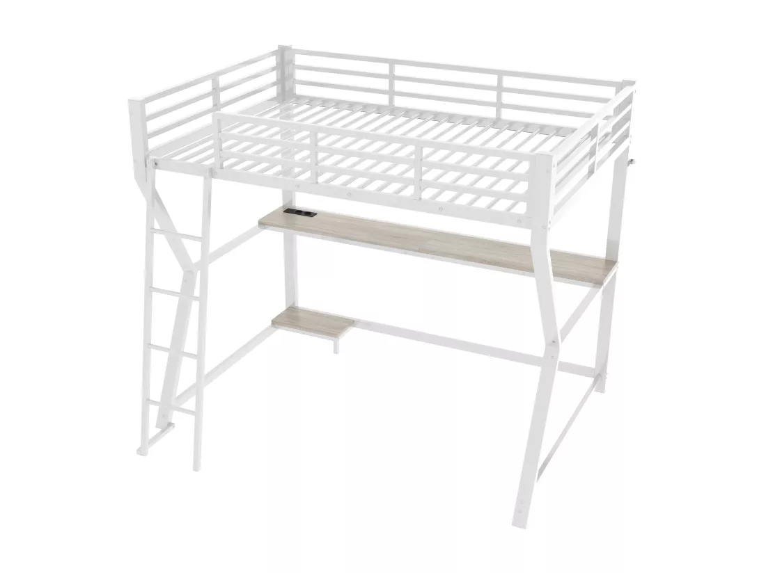 Lit mezzanine 90x200cm avec LED et prises - bureau + escalier - Blanc