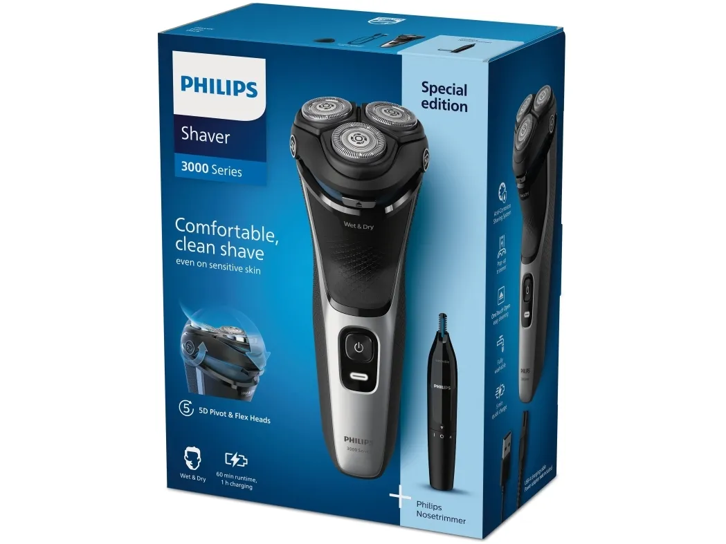 Philips Shaver 3000 Series S3143/02 Elektrisk shaver til våd og tør barbering, Rotations shaver, Sort, Sølv, PowerCut blade system, SH30, 2 År, Batteri