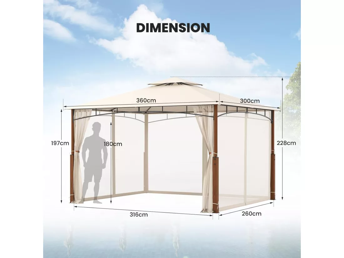 Tonnelle de Jardin 360 x 300 CM avec Moustiquaire, Pavillon de Patio Extérieur avec Toit à 2 Niveaux Cadre Métallique, Tente Gazebo à Toit Imperméable pour Pelouse Terrasse, Beige