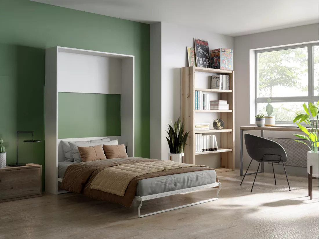 Lit escamotable 140 x 200 cm - Ouverture verticale manuelle - Blanc + matelas - MALINA II