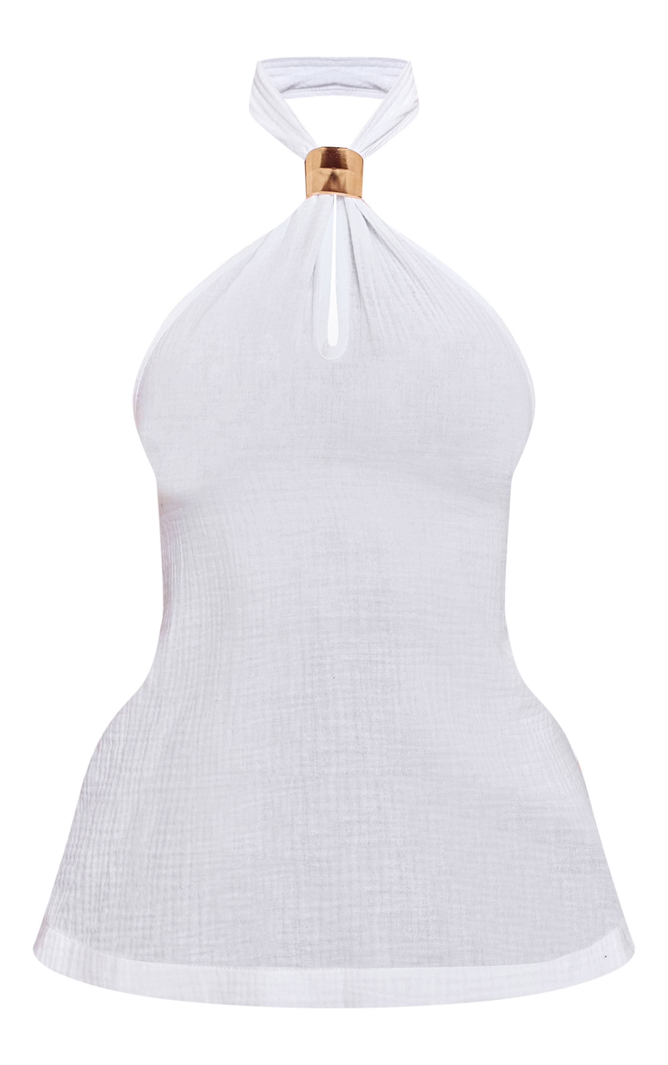 Blanc Top Léger En Tissu Tissé Avec Col Licou Et Détails De Finition