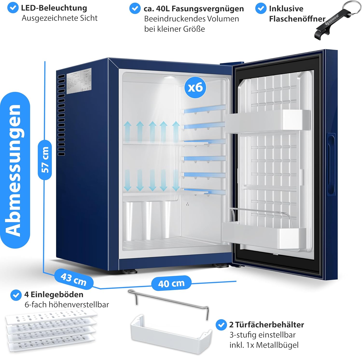 KESSER® Mini réfrigérateur avec Serrure, Mini Bar de 40 l, Silencieux, 22 DB, verrouillable, Chambre à Coucher, butée de Porte Amovible, env. 4 à 16 °C, Hauteur 57 cm, éclairage intérieur