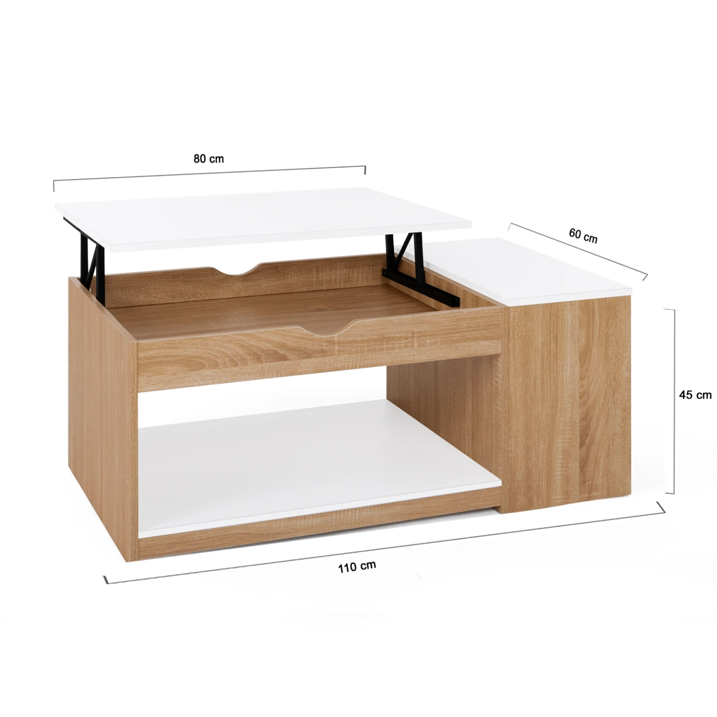 Table basse plateau relevable rectangulaire ELEA avec coffre bois façon hêtre et blanc