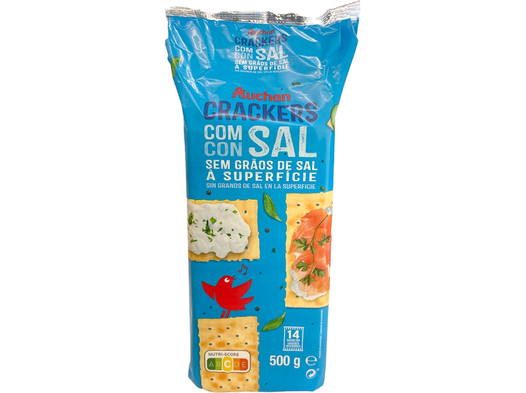 BOLACHA CREAM CRACKER AUCHAN S/ SAL À SUPERFICIE 500G 14SAQ