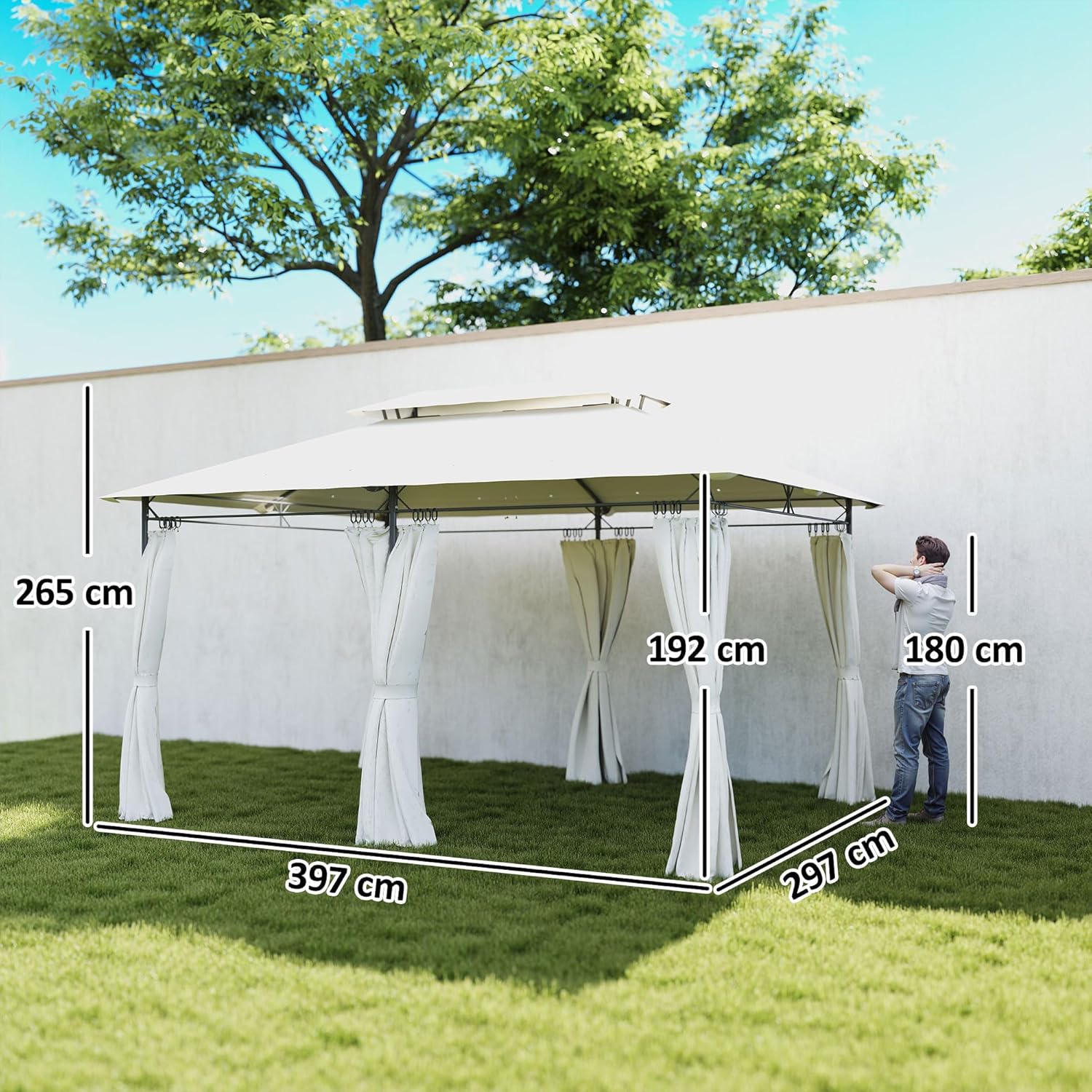 Outsunny Pavillon 4x3 m Stabil Winterfest Gartenpavillon mit Doppeldach 6 Seitenteile Ablauflöcher, Garten Pavillon aus Metall, für Garten, Terrasse, Cremeweiß