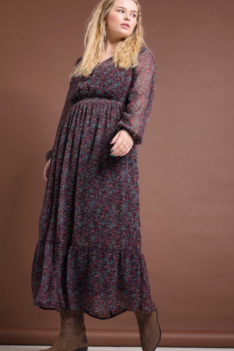 Maxikleid, A-Line, Paisley Print, V-Ausschnitt, elastische Taille, Langarm