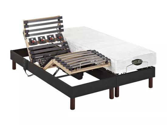 Lit électrique de relaxation déco lattes et plots + matelas mémoire de forme - 2 x 80 x 200 cm - Tissu - Anthracite - THESEE de NATUREA