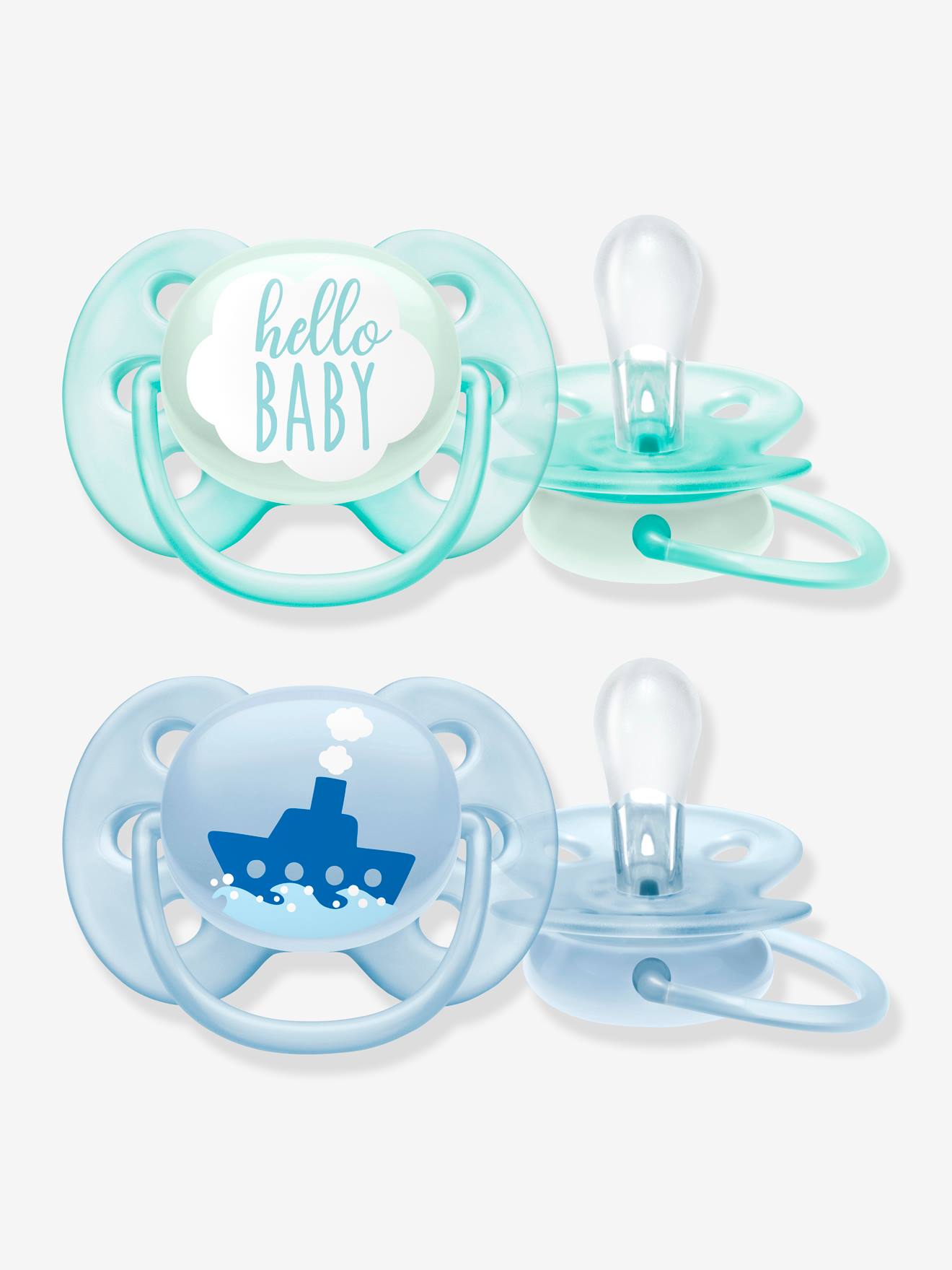 Pacote com 2 chupetas ultramacias Philips AVENT, modelo 1st, brancas lisas com estampas.