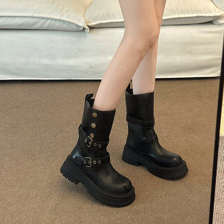 Vindler - Platform Plain Buckled Faux Leather Short Boots