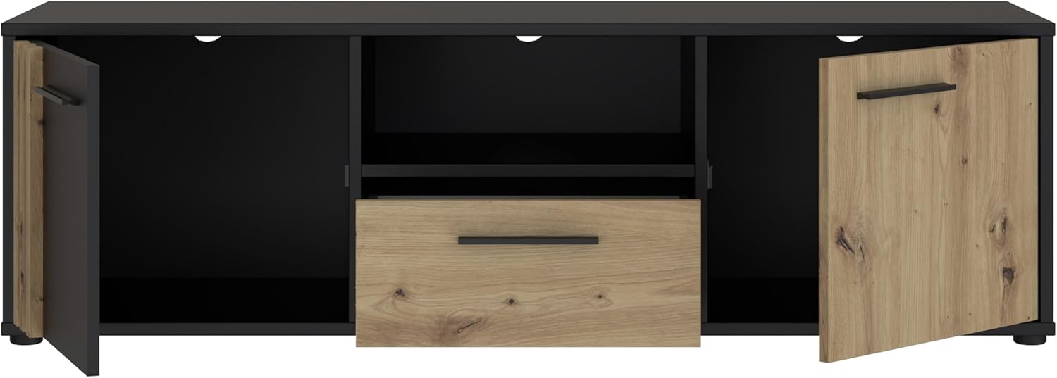 Forte Cardigan TV-Schrank 140 150, modernes Lowboard, 2-türig, 1 Schublade, Wohnzimmer, Holzwerkstoff, Artisan Eiche Holzdekor|Schwarz, 142,6 cm breit x 43,9 cm hoch x 41,5 cm tief