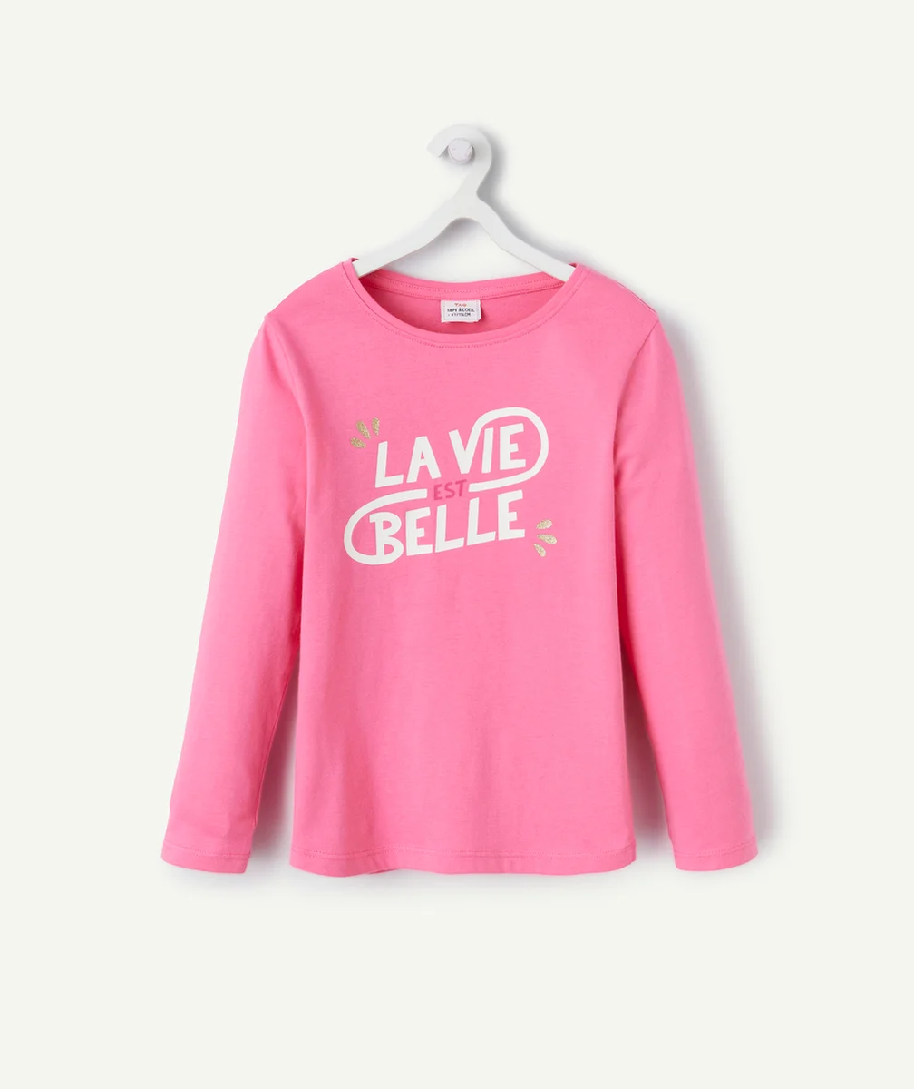 T-SHIRT FILLE EN COTON BIOLOGIQUE ROSE AVEC AVEC MESSAGE THÈME LA VIE